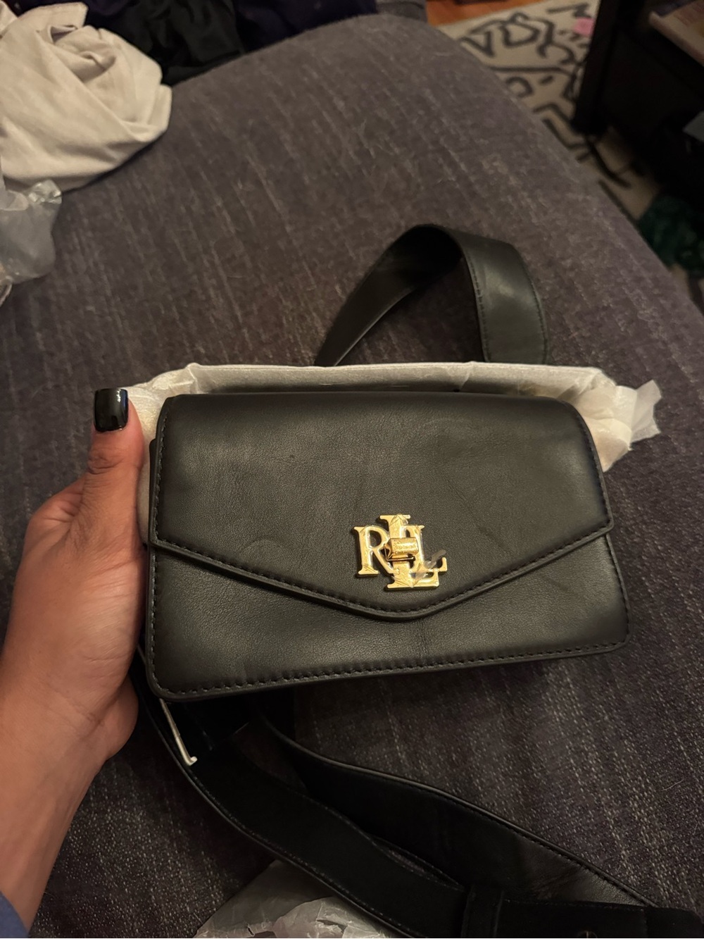 Lauren Ralph Lauren Tayler Black Leather Crossbody with Gold RL Logo